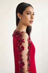 Thety Red 3D Floral Mesh Maxi Dress