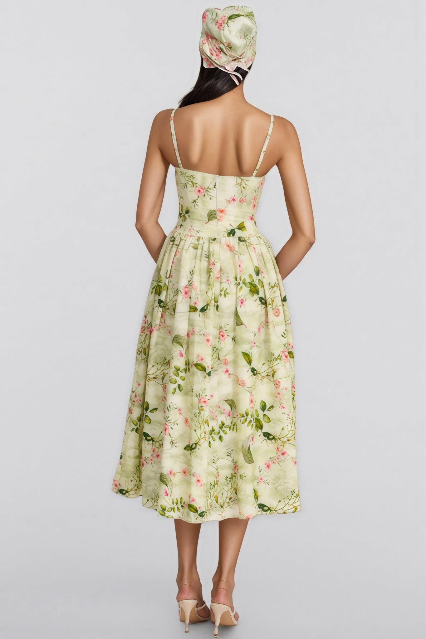 Raleign Green Floral Print Ruched Midi Dress