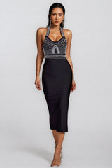 Maia Pearl Halter Bandage Midi Dress - Black