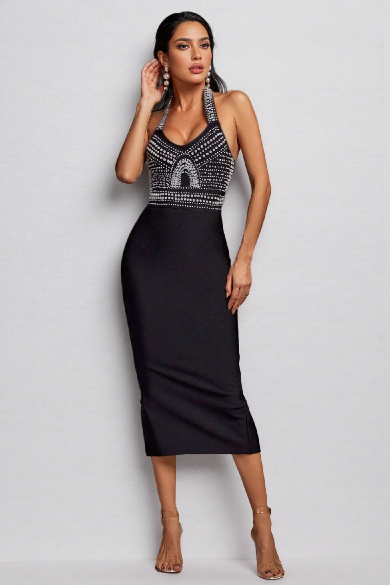 Maia Pearl Halter Bandage Midi Dress - Black