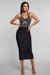 Maia Pearl Halter Bandage Midi Dress - Black