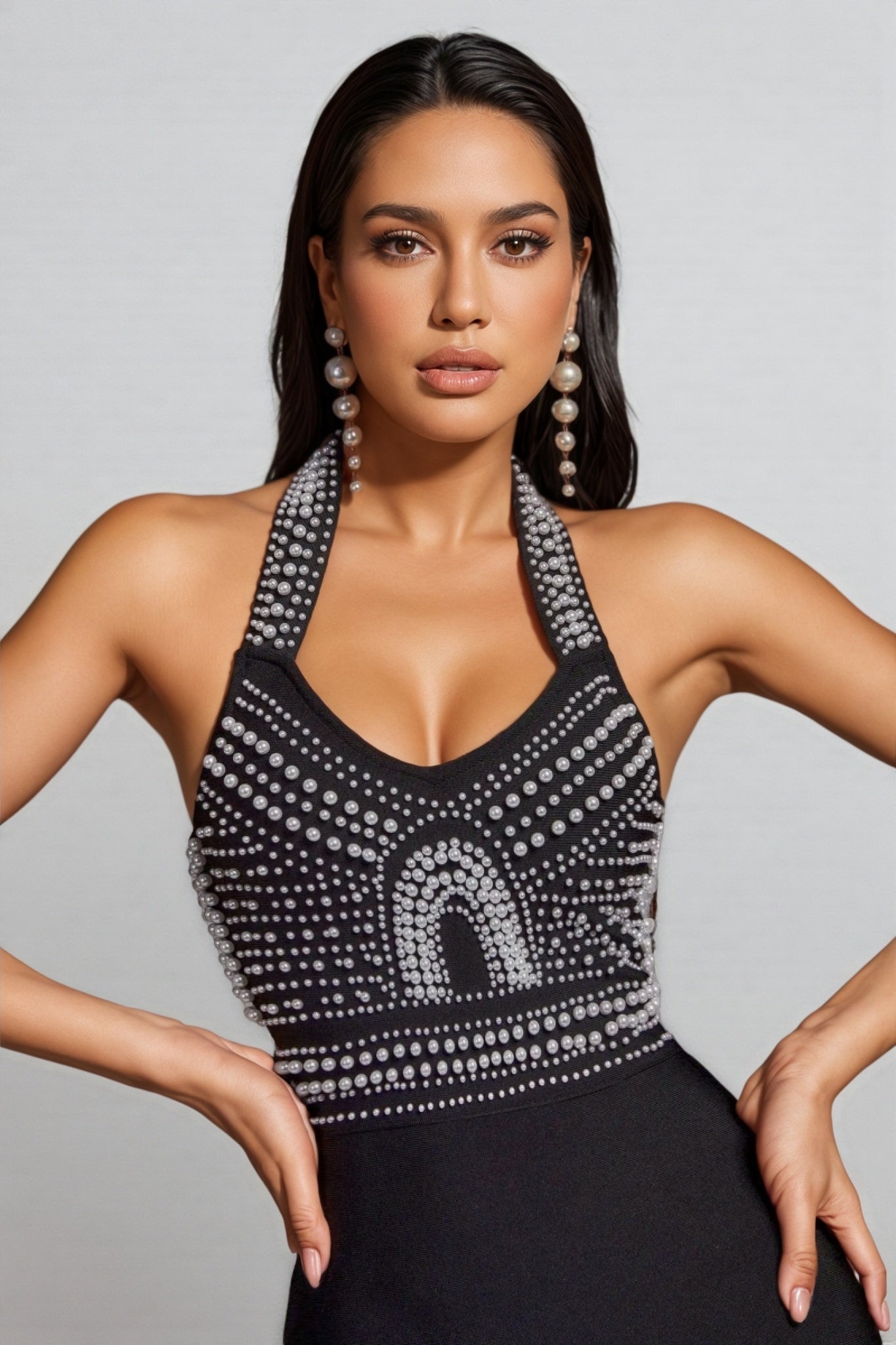 Maia Pearl Halter Bandage Midi Dress - Black