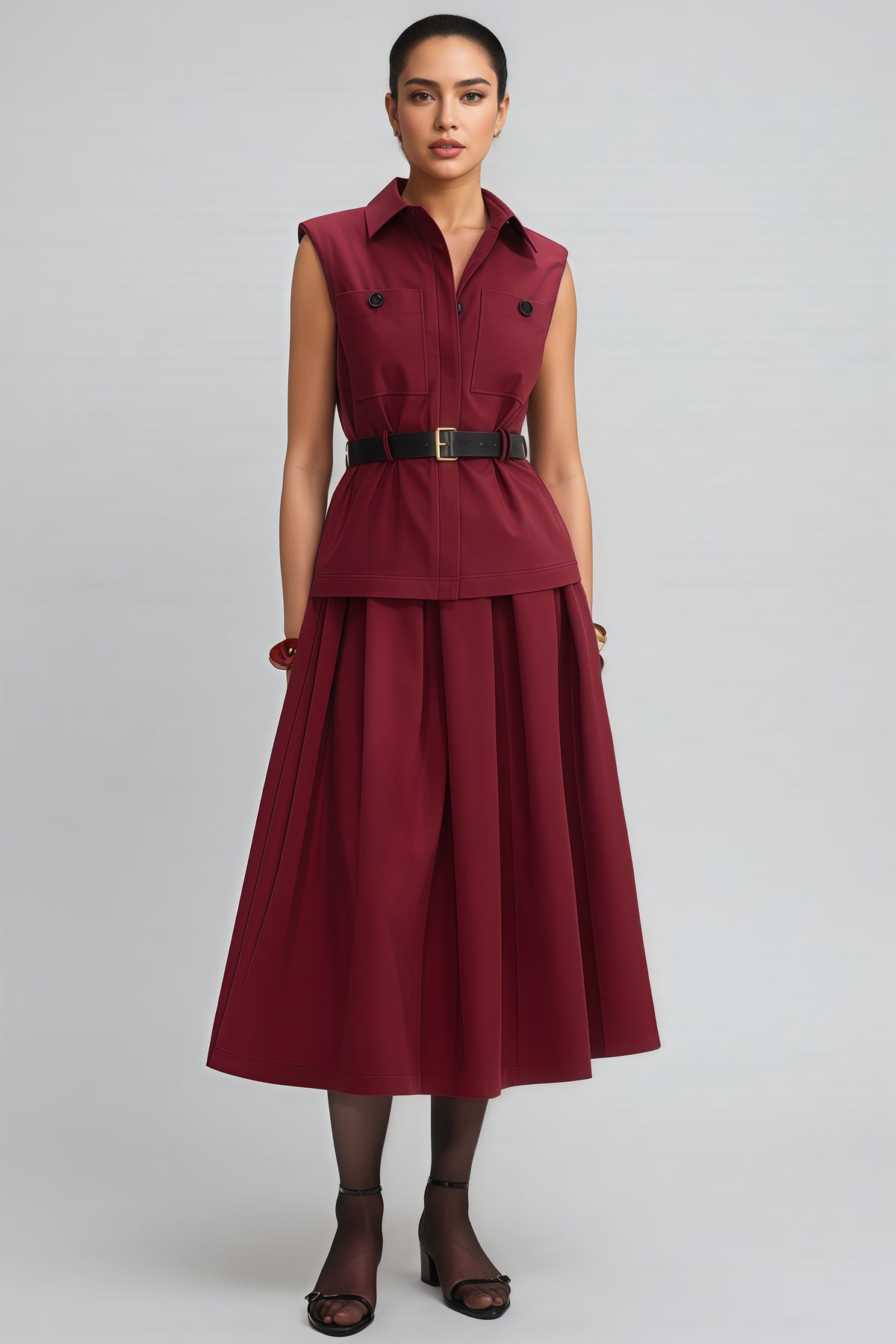 Raelith Red Twill Belted Midi Dress Set