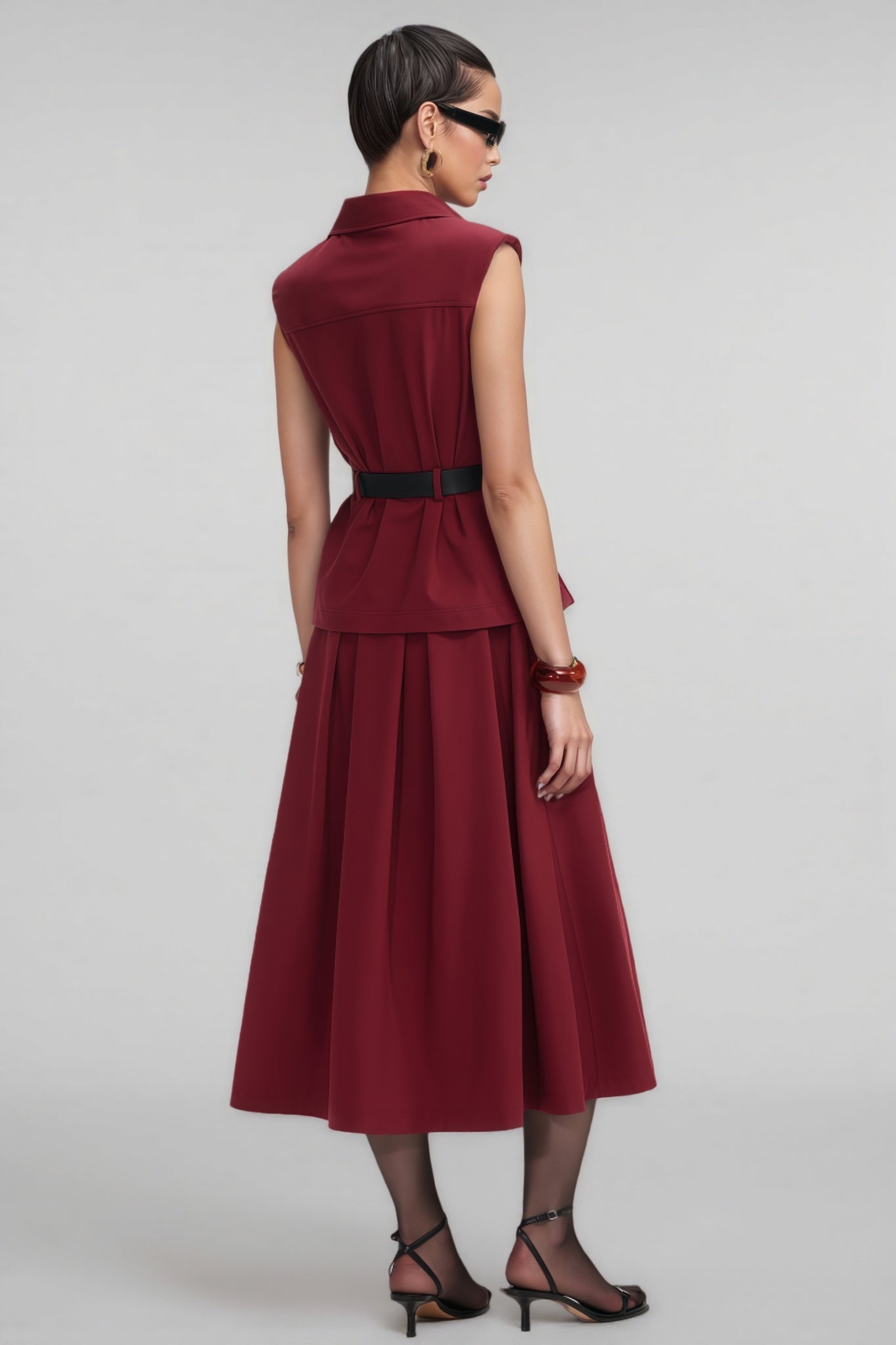 Raelith Red Twill Belted Midi Dress Set