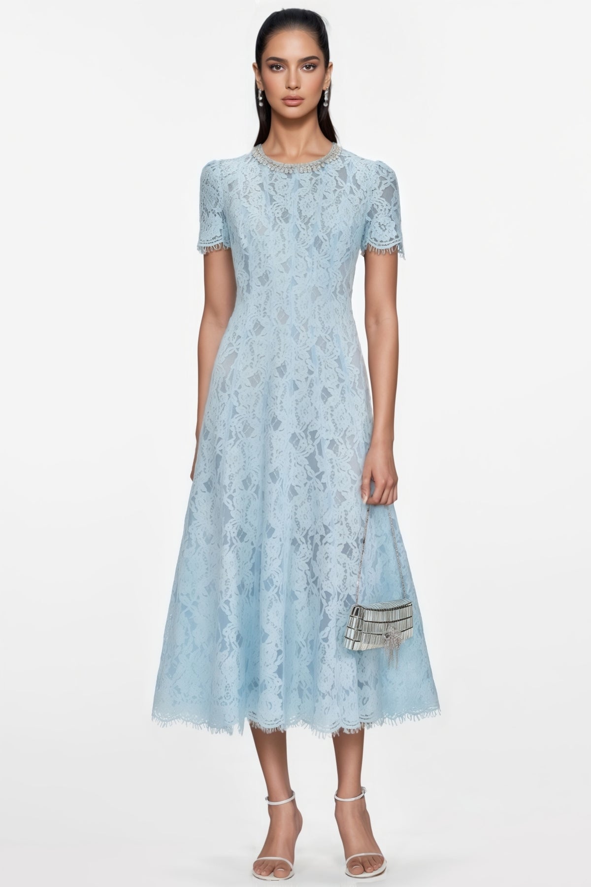 Chantal Blue Lace Embellished Midi Dress