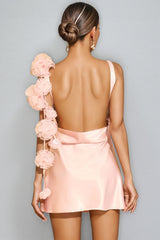 Eliette Pink Backless Flower Satin Mini Dress
