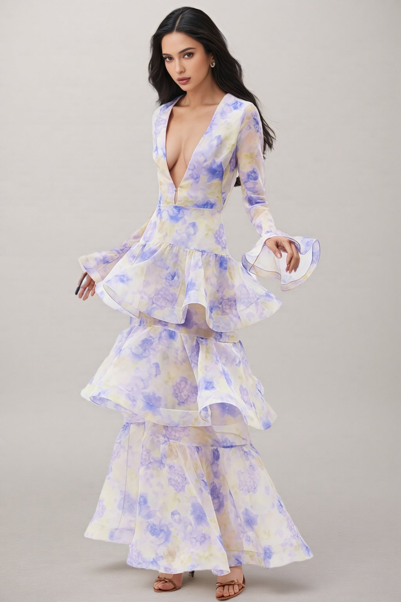 Olenf V-neck Printed Cake Maxi Dress