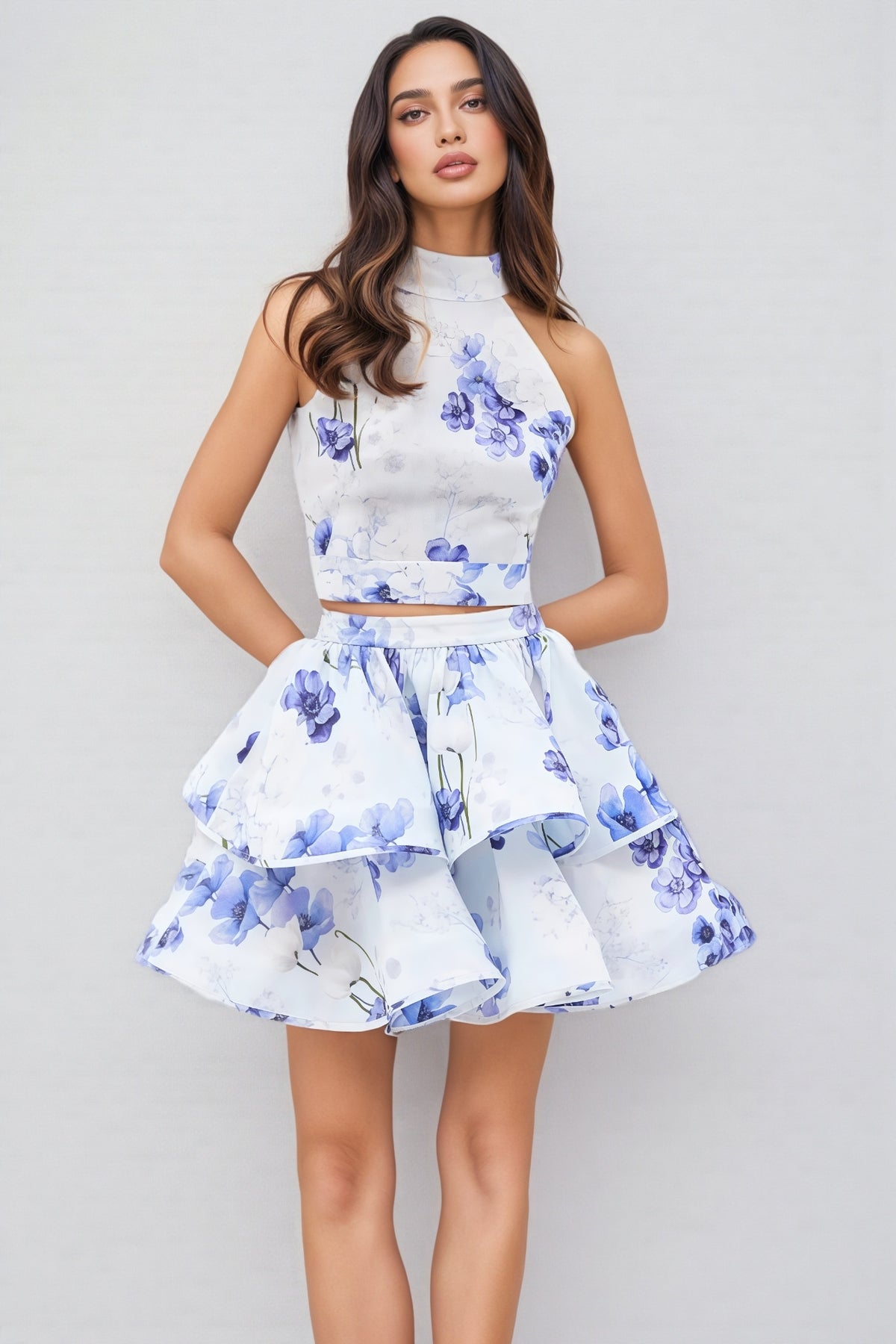 Nyssry Blue Printed Backless Mini Dress Set