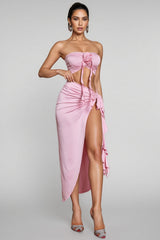 Blaisea Pink Flower Draped Split Skirt Set