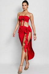 Nyx Red Flower Draped Split Skirt Set