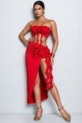Nyx Red Flower Draped Split Skirt Set