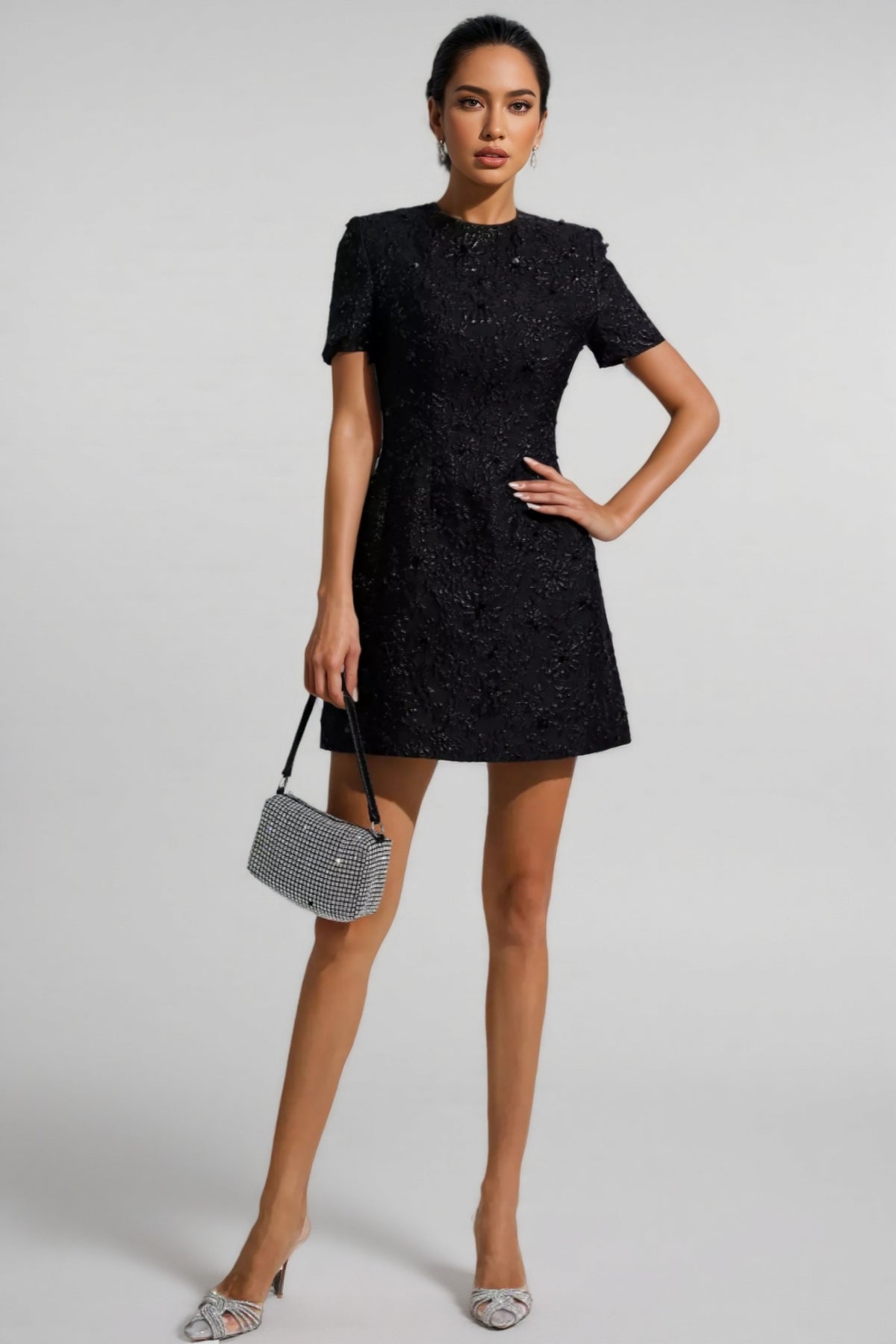 Umeko Black Jacquard Floral Mini Dress