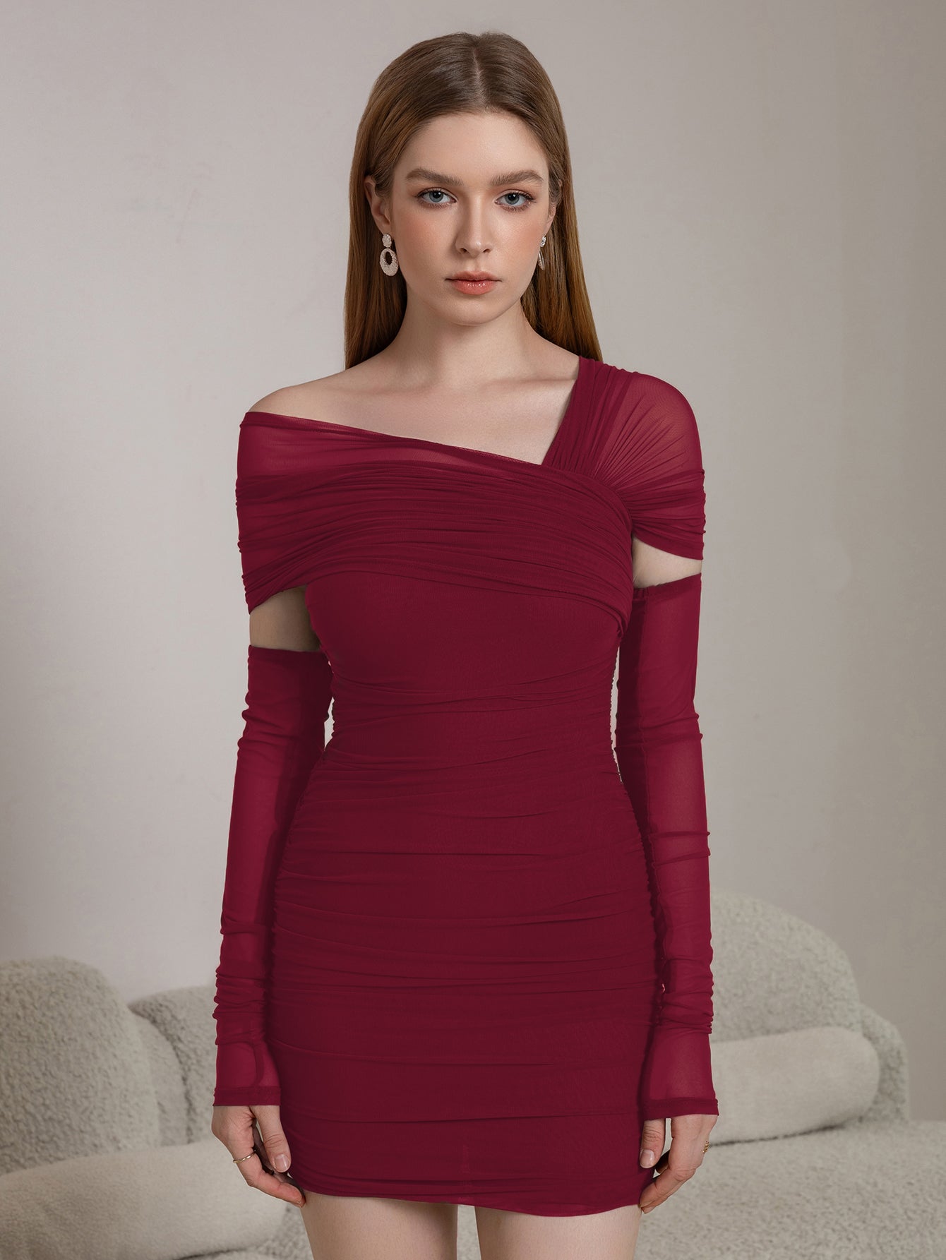 Asymmetrical Shoulder Ruched Mesh Bodycon Dress