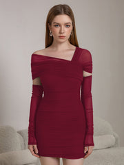 Asymmetrical Shoulder Ruched Mesh Bodycon Dress