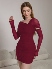 Asymmetrical Shoulder Ruched Mesh Bodycon Dress