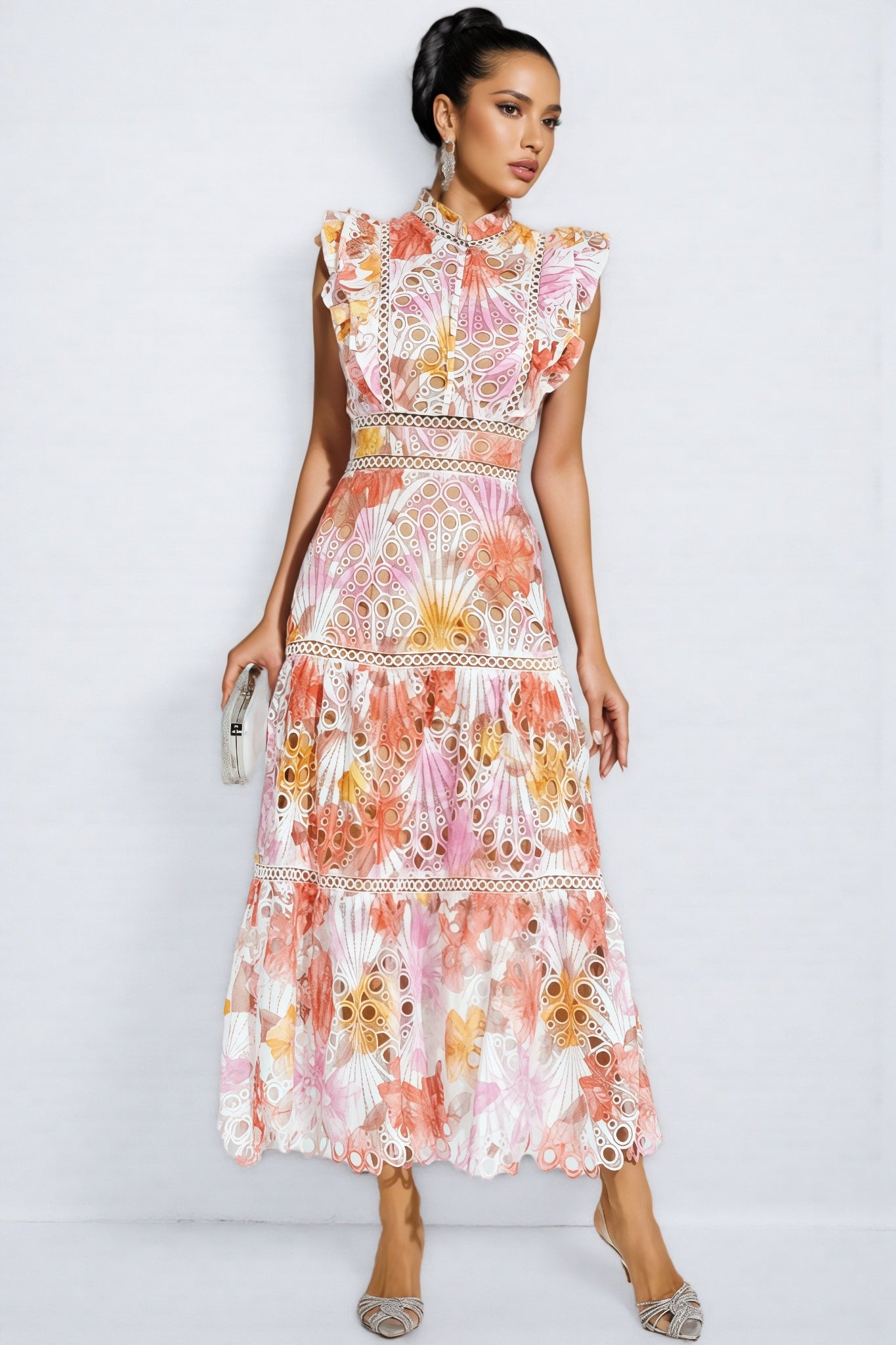 Bria Orange Hollow Sleeveless Midi Dress
