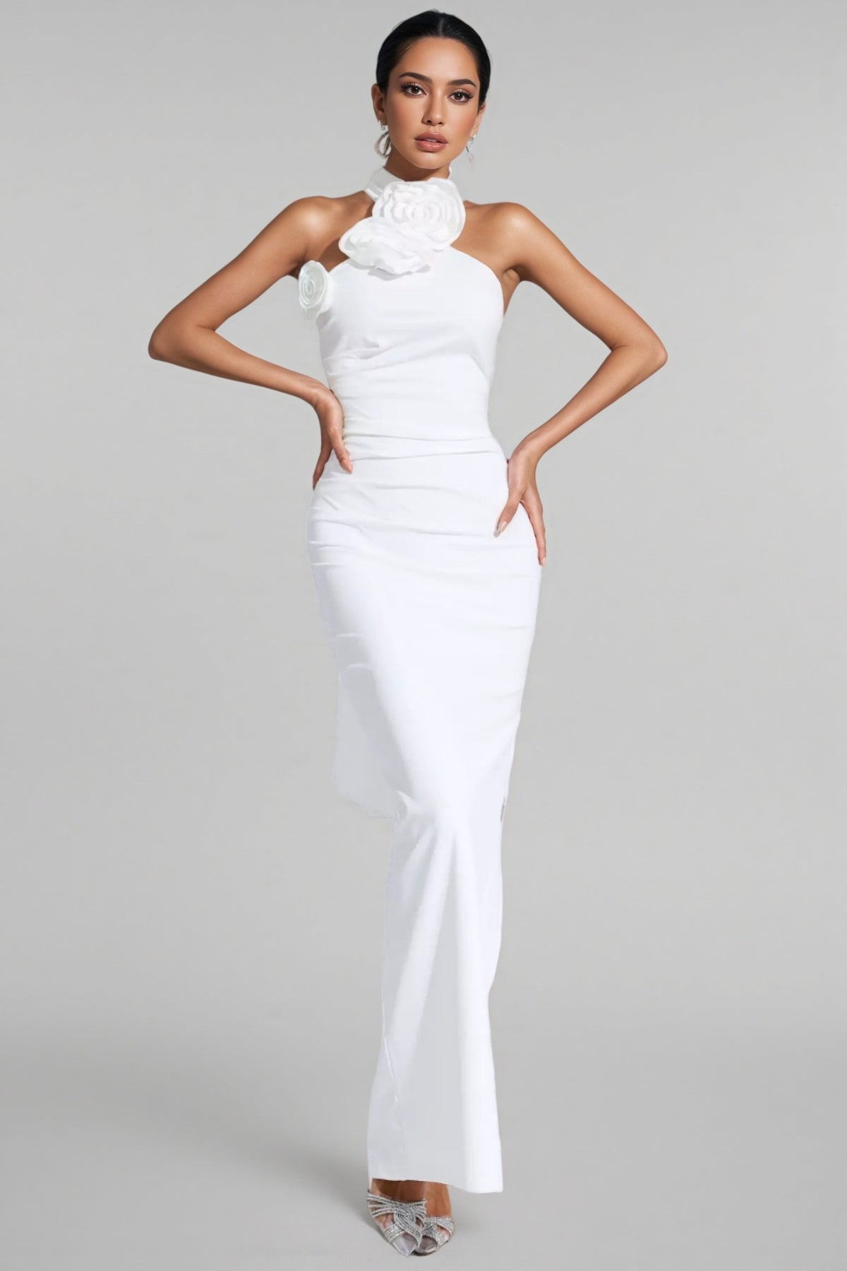 Hilia White Floral Ruched Halter Maxi Dress