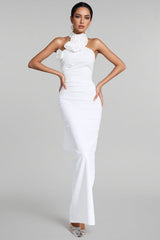 Hilia White Floral Ruched Halter Maxi Dress