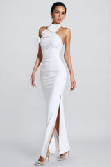 Hilia White Floral Ruched Halter Maxi Dress
