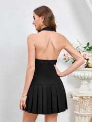 Backless Button Pleated Hem Solid Dress