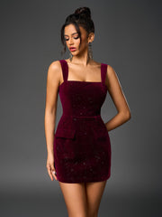 Backless Crisscross Tie Pocket Decoration Sequin Velvet Dress