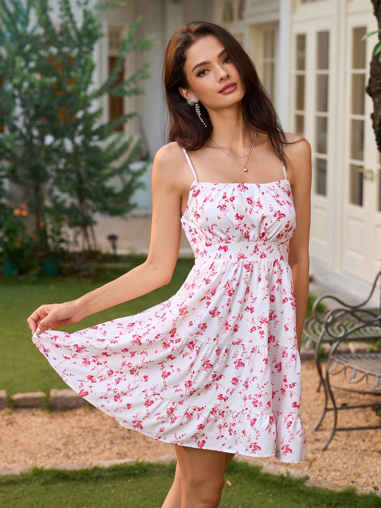 Backless Ruched Floral Print A-Line Cami Dress