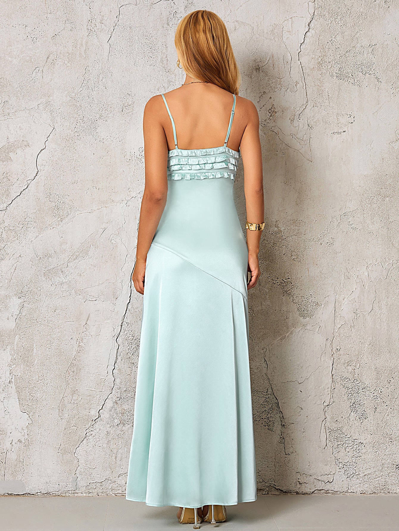 Backless Ruffle Trim Tie Front Satin Dress