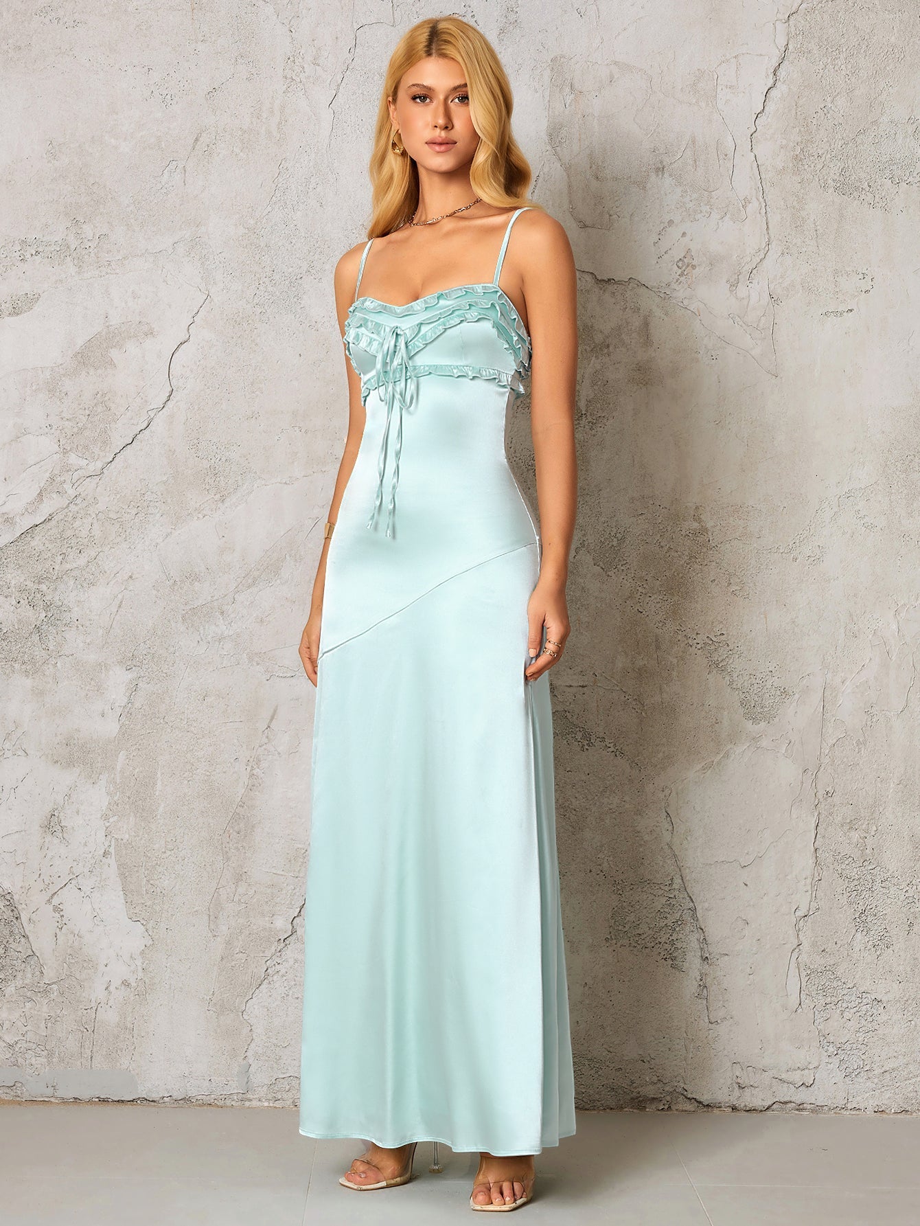 Backless Ruffle Trim Tie Front Satin Dress
