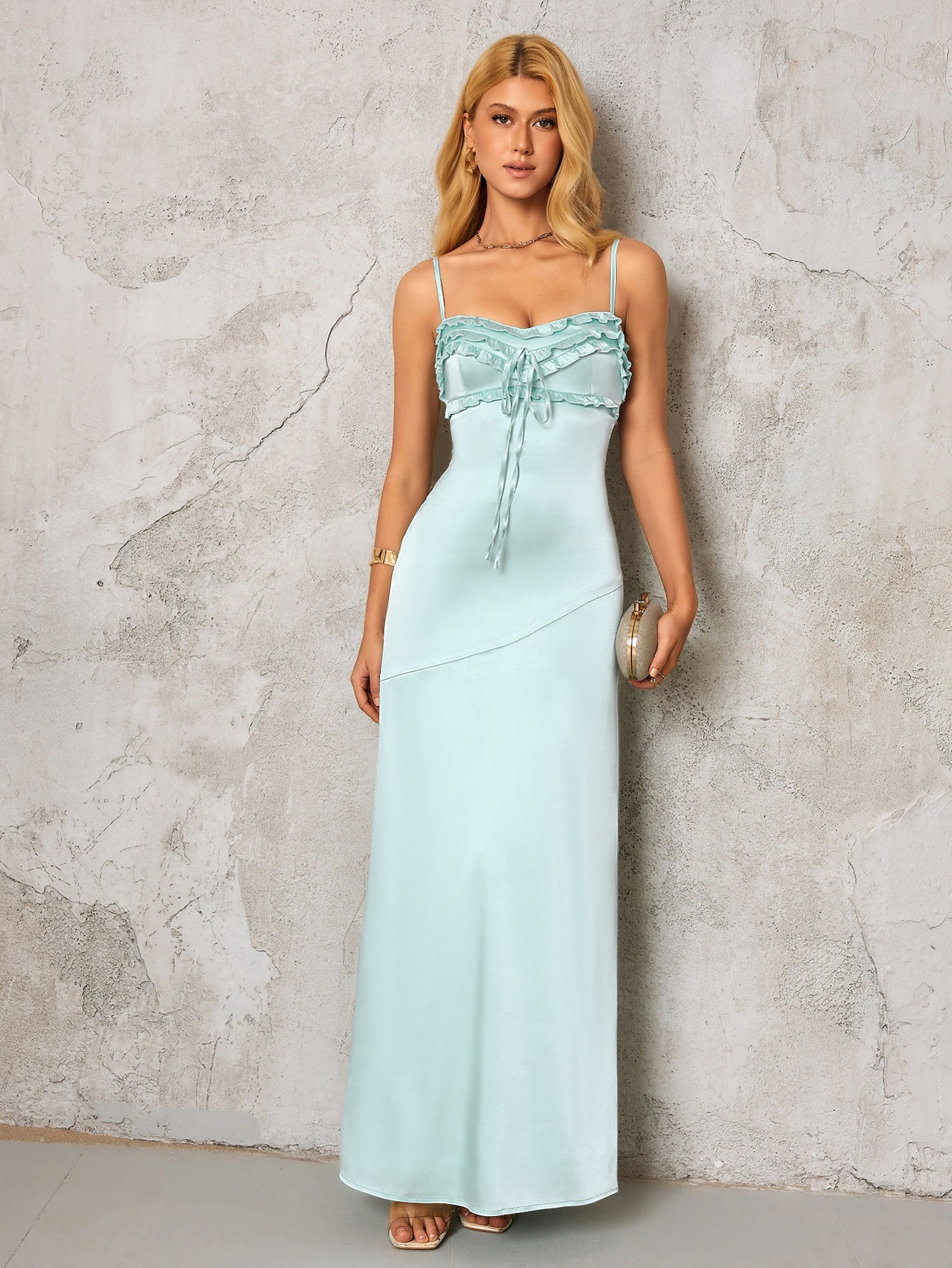 Backless Ruffle Trim Tie Front Satin Dress