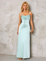 Backless Ruffle Trim Tie Front Satin Dress