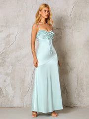 Backless Ruffle Trim Tie Front Satin Dress