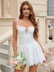 Backless Smocking Tie Shoulder Embroidery Cami Dress