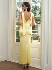 Backless Split Thigh Ribbon Trim Satin Dress