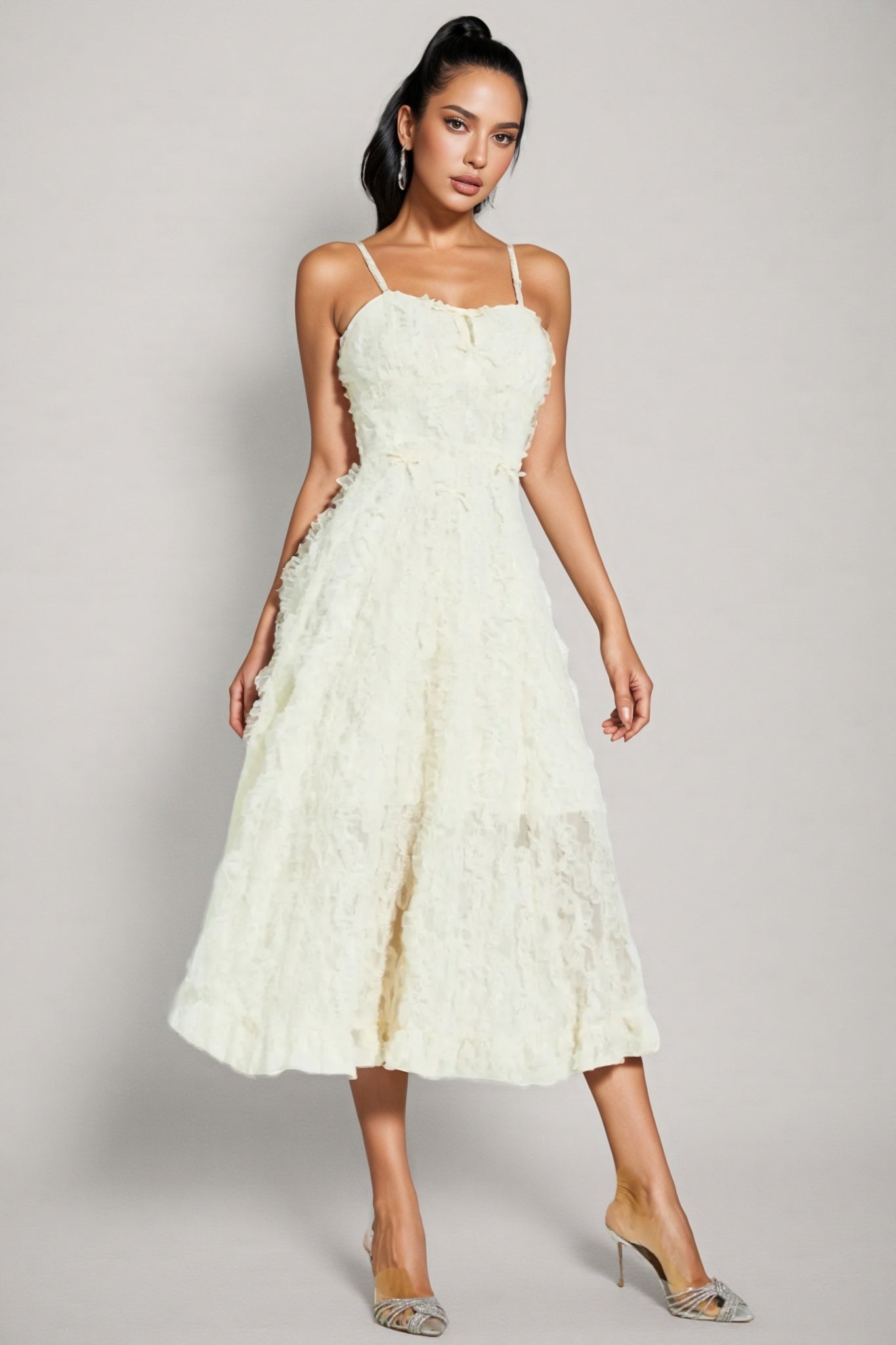 Kathle Beige Feather Midi Dress