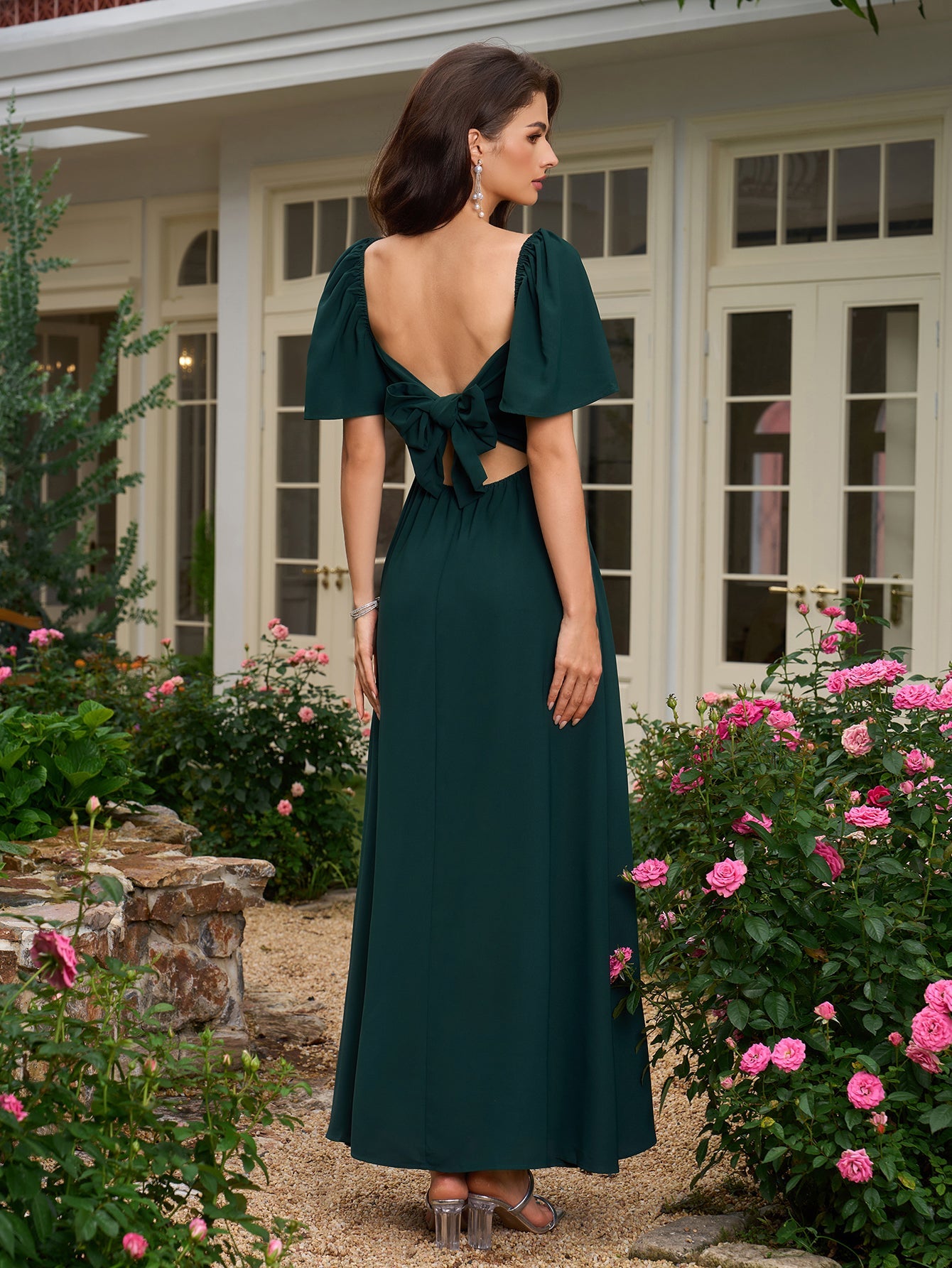 Batwing Sleeve V-Neck Bow Tie Back With Pockets Long Dress