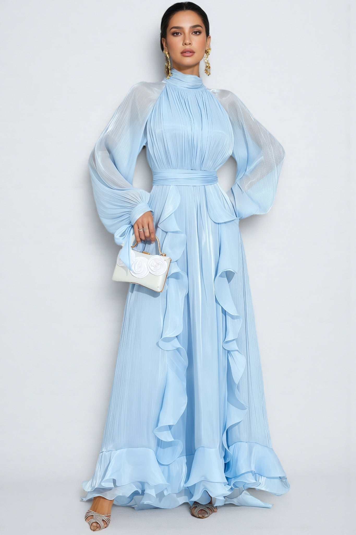 Junatk Stand Collar Long Sleeve Frill Maxi Dress