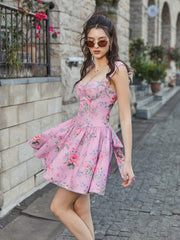 Bow Tie Crisscross Tie Back Floral Print Mini Dress