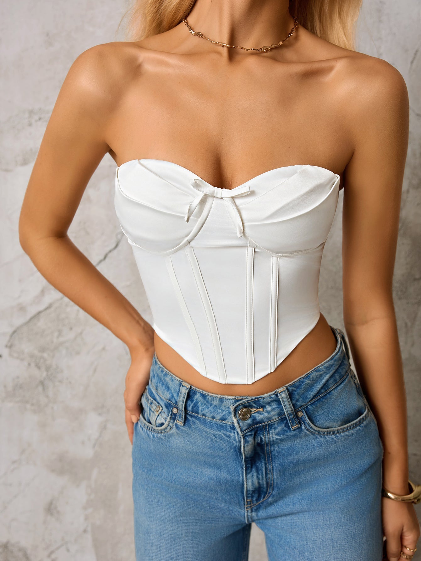 Bow Tie Front Zipper Back Asymmetrical Hem Tube Top