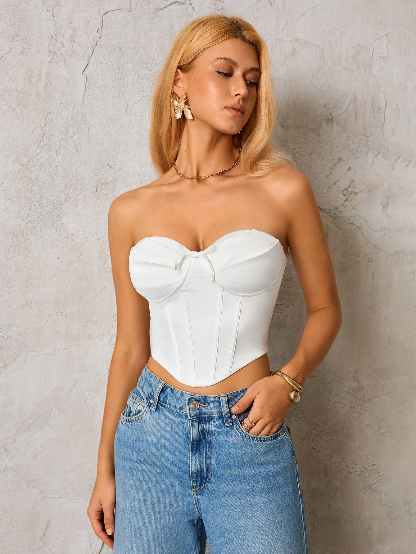 Bow Tie Front Zipper Back Asymmetrical Hem Tube Top