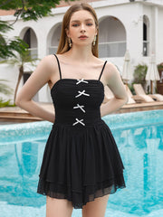 Bow Tie Ruched Asymmetrical Hem Mesh Cami Dress