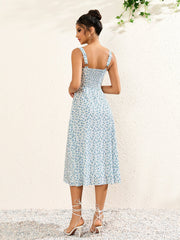 Button Bust Ruched Floral Print Midi Dress