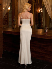 Button Front Backless Zipper Back Satin Prom Dress