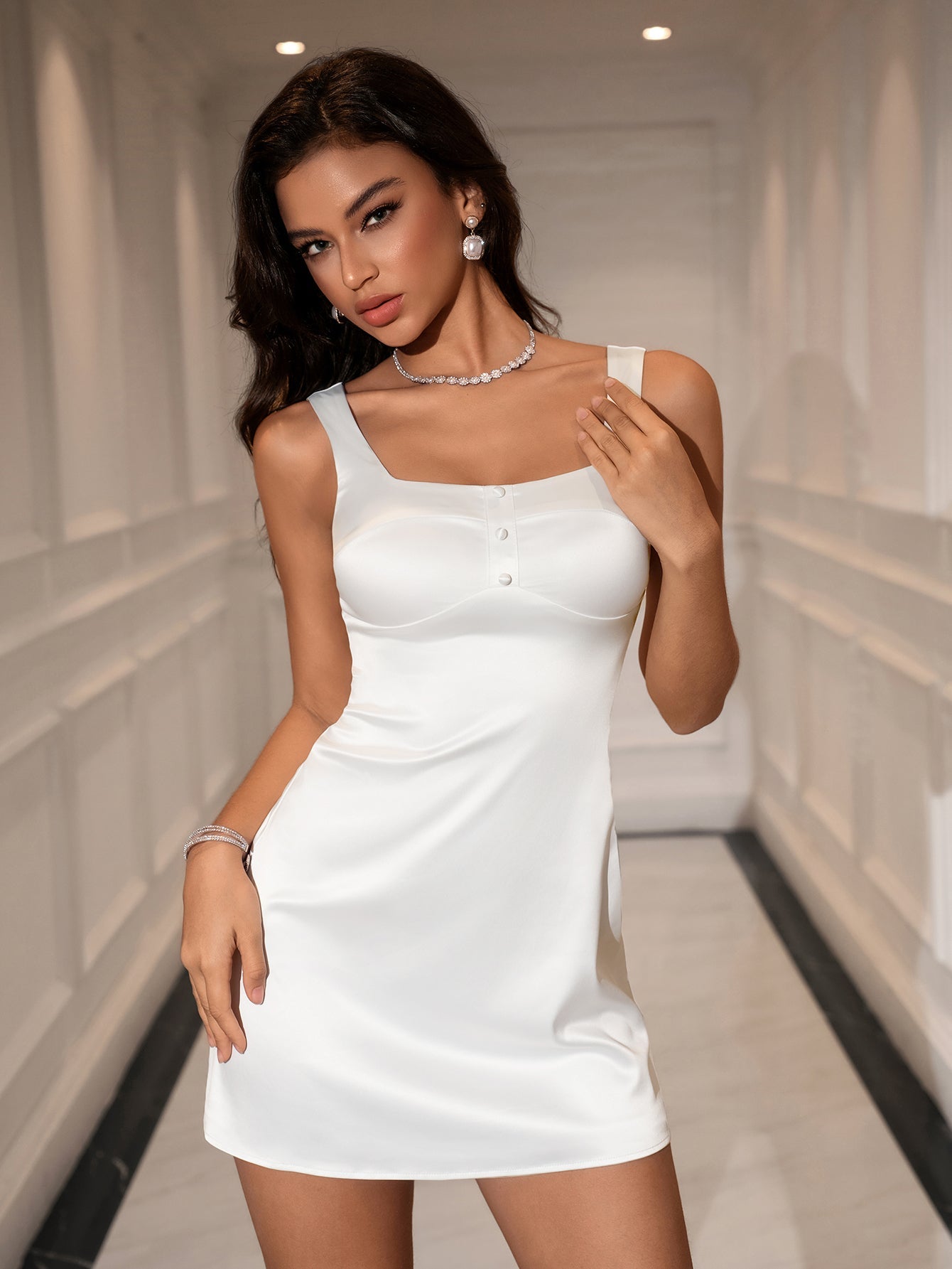 Button Embellished Zipper Satin Bodycon Dress