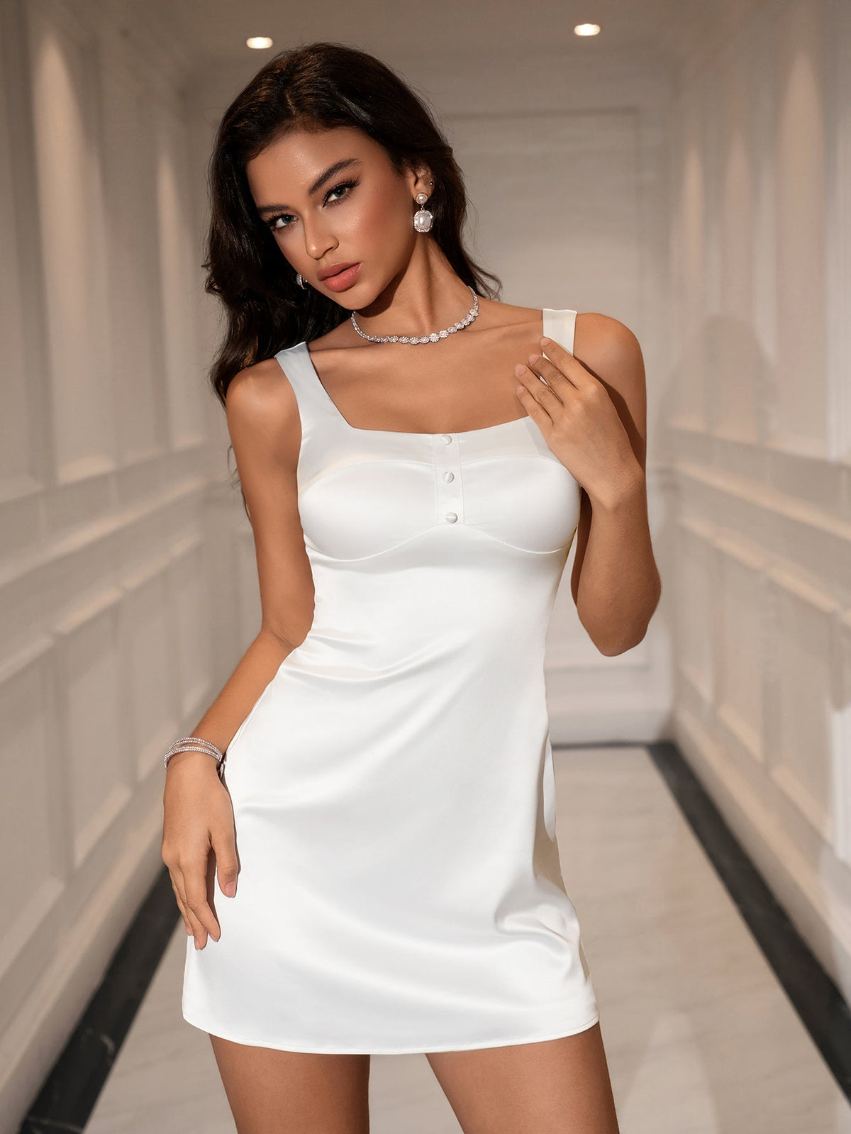 Button Embellished Zipper Satin Bodycon Dress