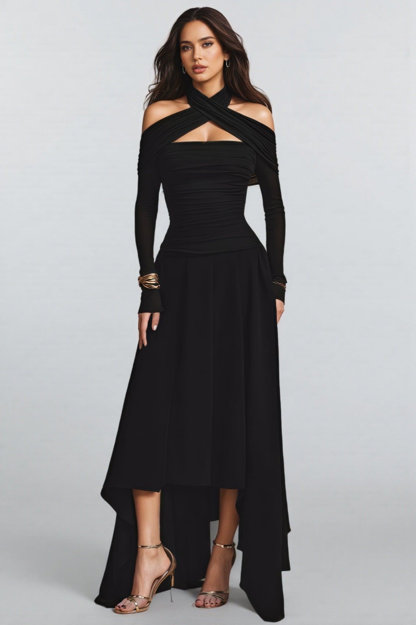 Ophelia Black Long Sleeved Asymmetric Midi Dress