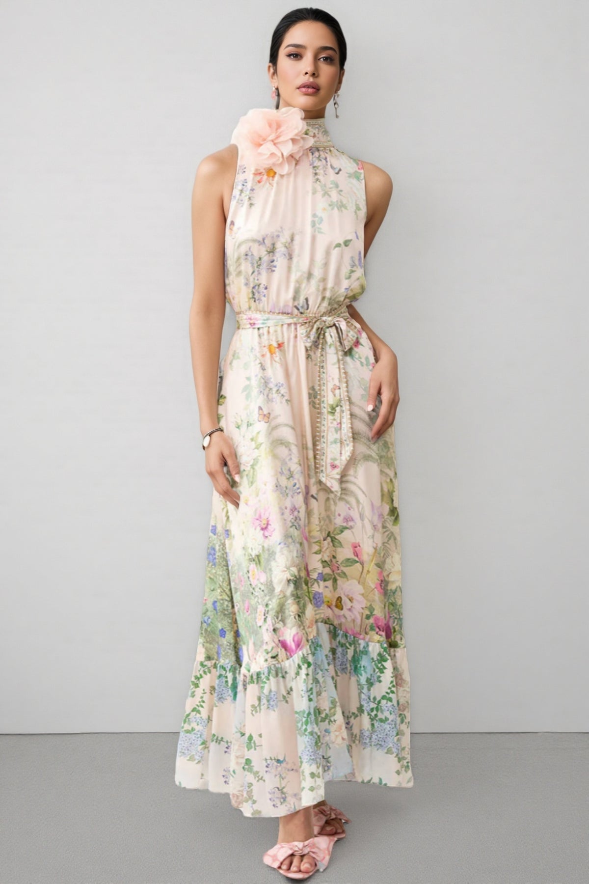 Ivard Sleeveless Printed Tie Maxi Dress