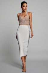Nerida Pearl Halter Bandage Midi Dress - Beige