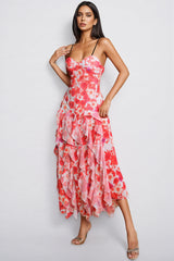 Caldrek Spaghetti Floral Ruffle Maxi Dress