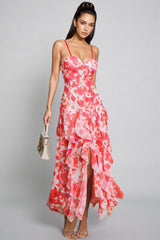 Caldrek Spaghetti Floral Ruffle Maxi Dress
