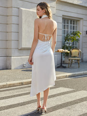 Cowl Neck Backless Tie Ruched Prom Dress